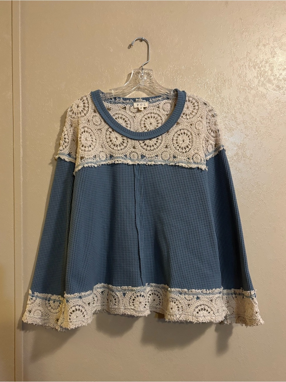 POL Crochet Lace Patchwork Boho Waffle Knit Long Sleeve Top sz M